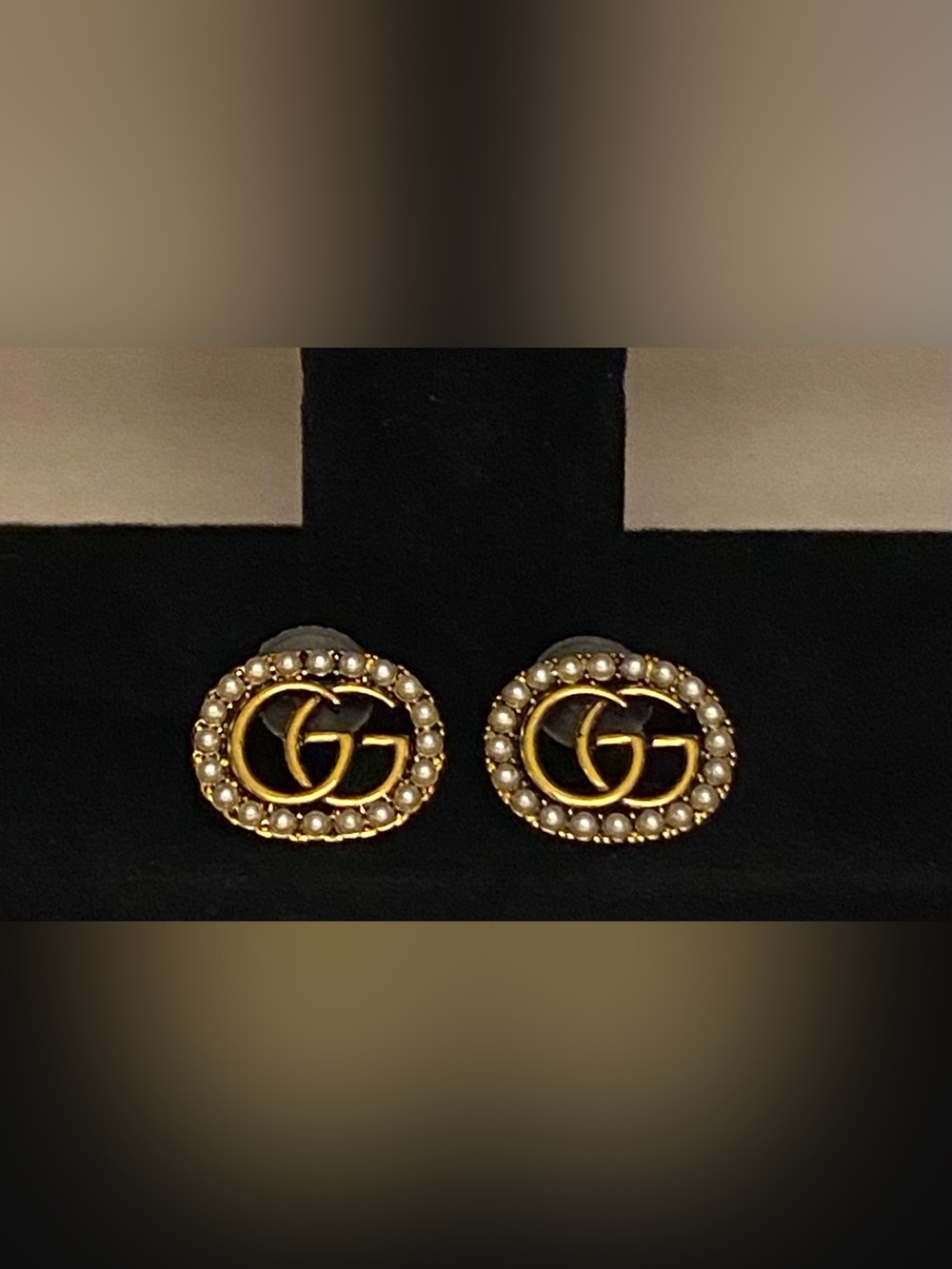 Fashion Jewelry Age Gold-Tone Pearl Trim Oval Logo G-G Luxury Stud Earrings